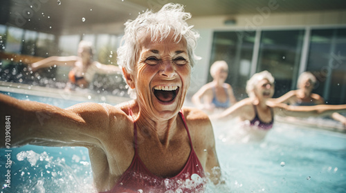 Senior women enjoying swimming class in a pool. displaying joy and camaraderie, embodying a healthy, retired lifestyle.