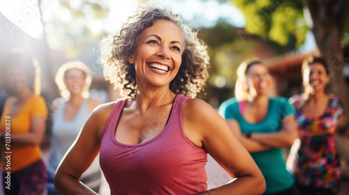 Middle aged women active lifestyle through Zumba with friends.