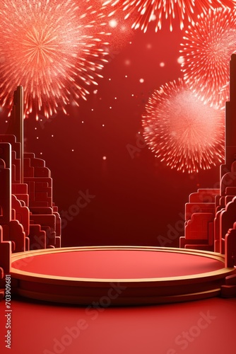 Chinese New Year red podium with fireworks and gift box products stand podium background