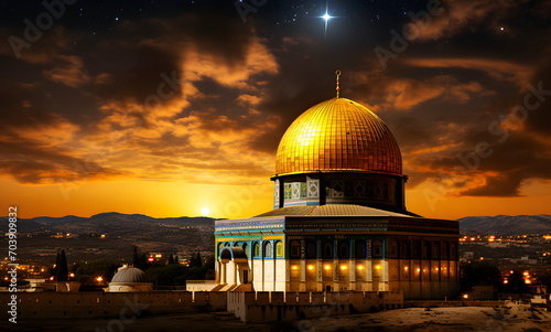 Al Aqsa Mosque or Dome of the Rock in Jerusalem, Palestine Israel. Sunset scene. The mosque where the Prophet's Isra and Mi'raj