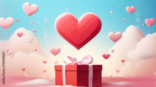 Gift box with heart balloon floating in the sky, Happy Valentines Day banners, paper art style
