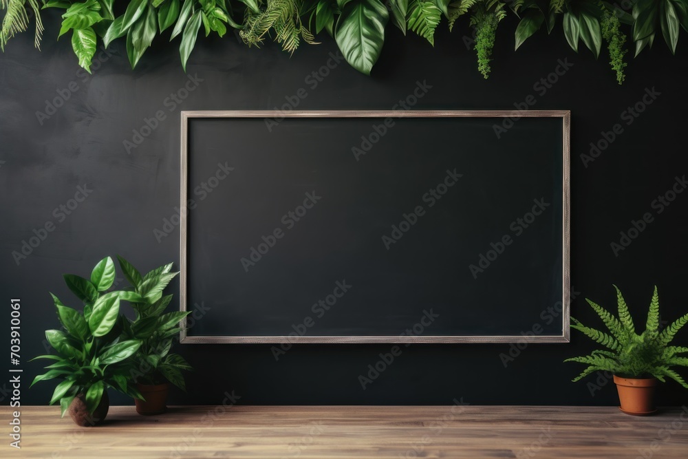 Mockup of a frame on a cabinet in a living room with a dark and empty background