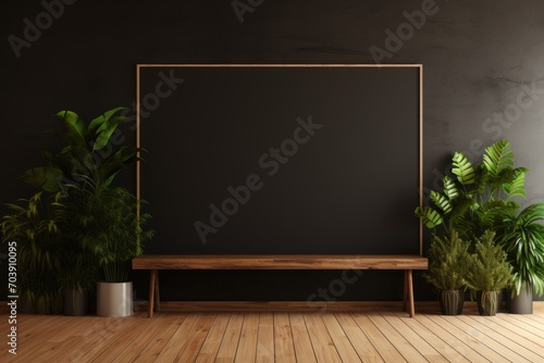 Mockup of a frame on a cabinet in a living room with a dark and empty background