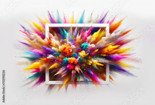 White Holi festival background. Vibrant burst of colored powders emerges from white frame, creativity, energy, dynamic future. Abstract texture of multi-colored dust. Copy space, mock up