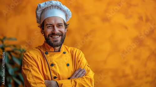 Fototapeta Naklejka Na Ścianę i Meble -  Smiling Chef With Crossed Arms in Chefs Outfit on an orange wall with copy space