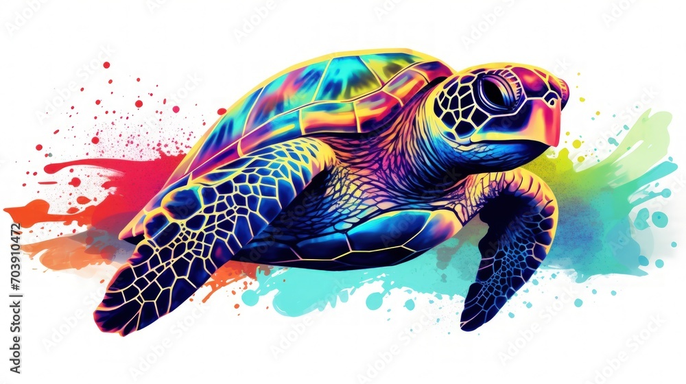 Fototapeta premium A turtle, neon colors, digital art and watercolor,white background, generative AI
