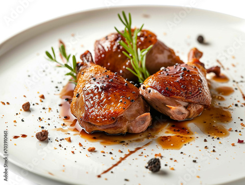 Confit de canard, roasted tasty duck confit served on a white ceramic plate. Isolated on white background.  photo