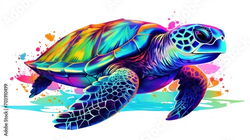 A turtle, neon colors, digital art and watercolor,white background, generative AI