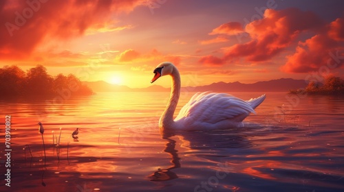 Swans Over Lake on Beautiful Sunset Background, Generative AI