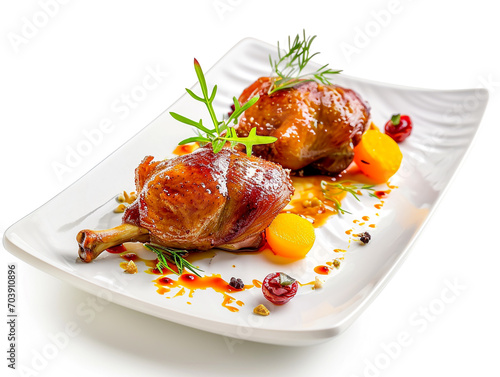 Confit de canard, roasted tasty duck confit served on a white ceramic plate. Isolated on white background. 