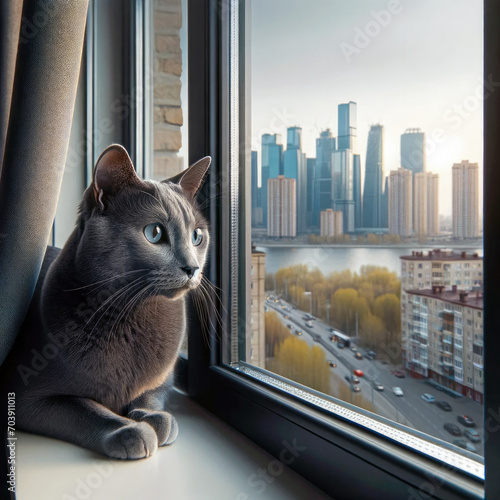 A Russian Blue cat gazing out of a window in a modern home.