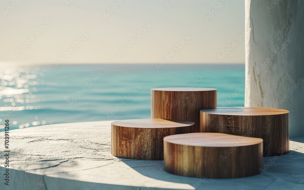 Brown wooden texture display background with bluesky and sea, podium background. 3D Modern minimal brown wooden stone showcase product presentation with sea bluesky