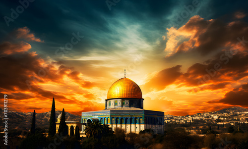 Al Aqsa Mosque or Dome of the Rock in Jerusalem, Palestine Israel. Sunset scene. The mosque where the Prophet's Isra and Mi'raj photo