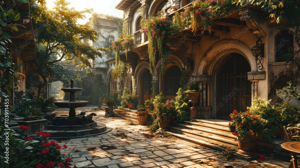 Obraz premium Cobblestone Courtyard Elegance: Fountain Serenity