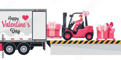 Industrial worker driving a pink forklift loading gift boxes to a container truck celebrating Valentine's Day. Logistics campaign for loading and shipping high demand merchandise for Valentine's Day