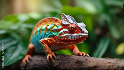 Macro photography of a colorful chameleon, Generative AI