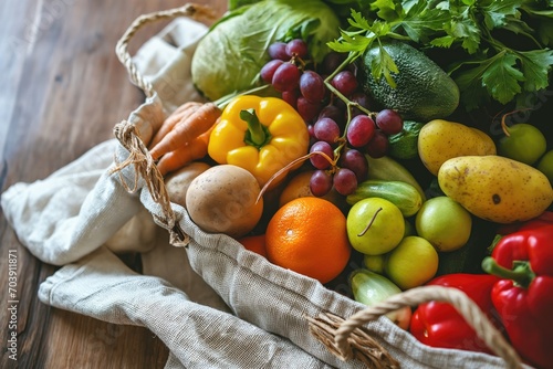 Close-up of ecologically friendly reusable bag with fruit and vegetables 