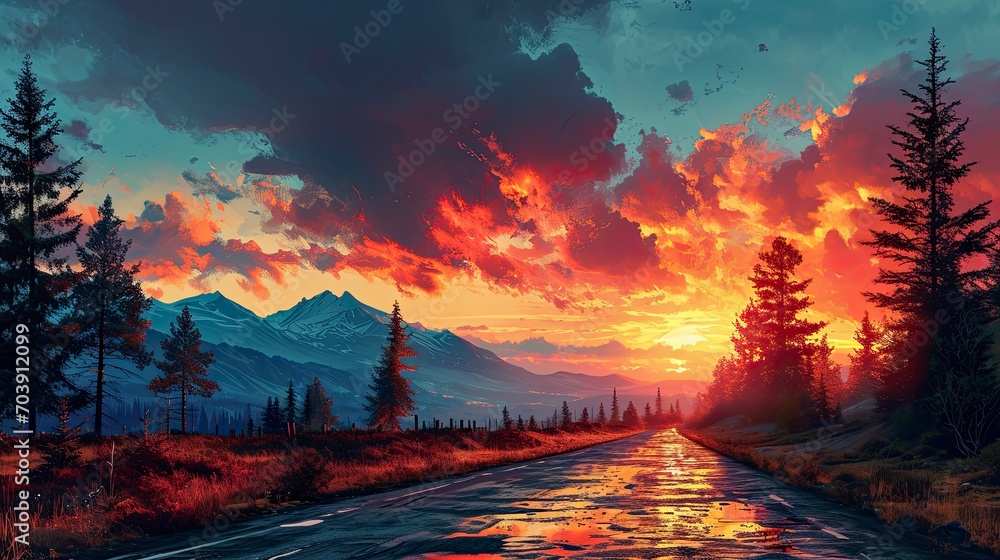 Road Leading Towards Colorful Sunrise Between, Background Banner HD