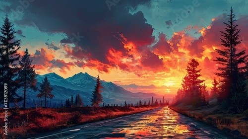 Road Leading Towards Colorful Sunrise Between  Background Banner HD