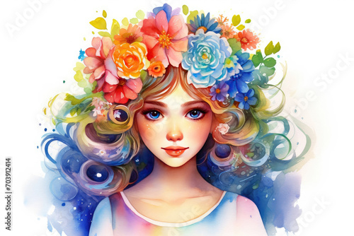 Flower spring watercolor girl on white background
