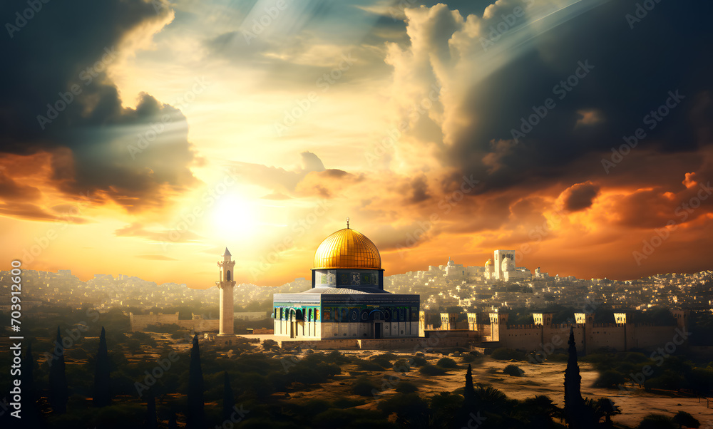 Naklejka premium Al Aqsa Mosque or Dome of the Rock in Jerusalem, Palestine Israel. Sunset scene. The mosque where the Prophet's Isra and Mi'raj