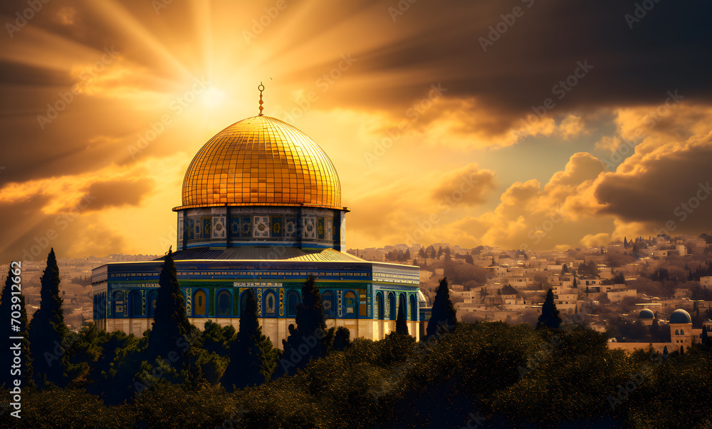 Obraz premium Al Aqsa Mosque or Dome of the Rock in Jerusalem, Palestine Israel. Sunset scene. The mosque where the Prophet's Isra and Mi'raj