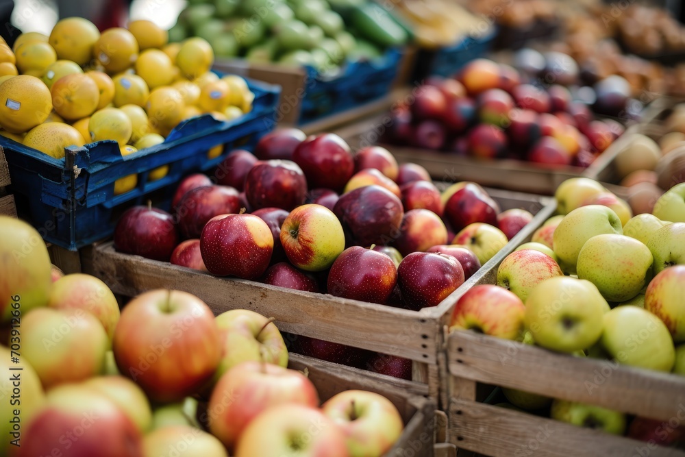 Crates of fresh fruit such as apples are for sale in the store. Buying vegetables and fruits at the market. Crates of fresh fruit such as apples are for sale in the store. Buying vegetables and fruits at the market.