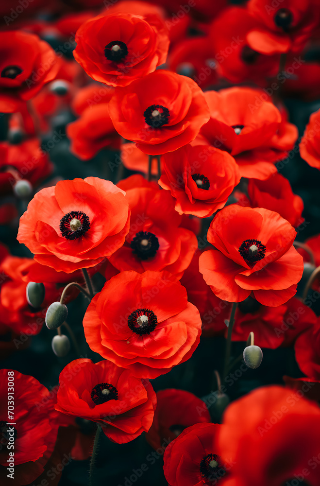 Field of red poppies with selective focus and shallow depth of field in the garden. Natural floral background Field of red poppies with selective focus and shallow depth of field in the garden. Natural floral background
