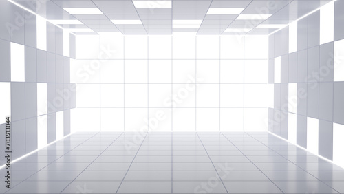 Minimalist white room with bright lighting and a reflective floor. 3d illustration