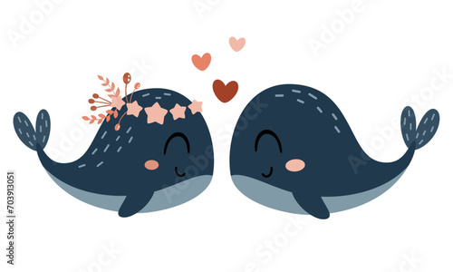 Valentines day clipart. Valentines whales in cartoon flat style. Kids Valentines illustration.