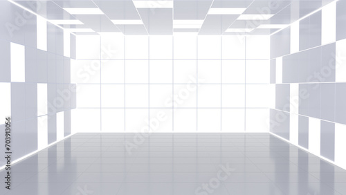 Modern minimalist white room with geometric designs and bright lighting. 3D illustration.