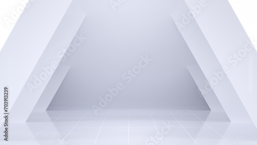 Minimalist 3D render of a white room with angular walls and a reflective floor.