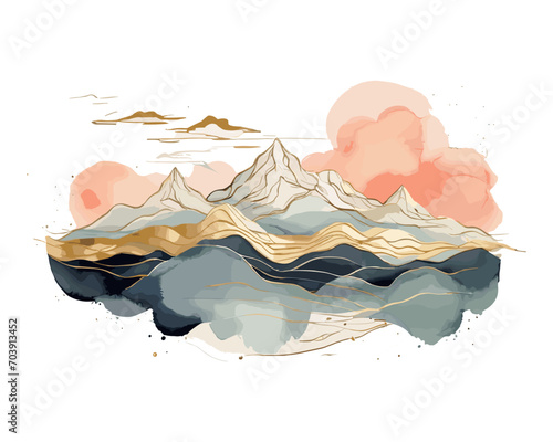 Mountain background vector. Minimal landscape art with watercolor brush and golden art texture