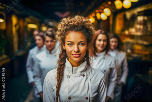 Woman Chef Standout Leader in front of Her Team