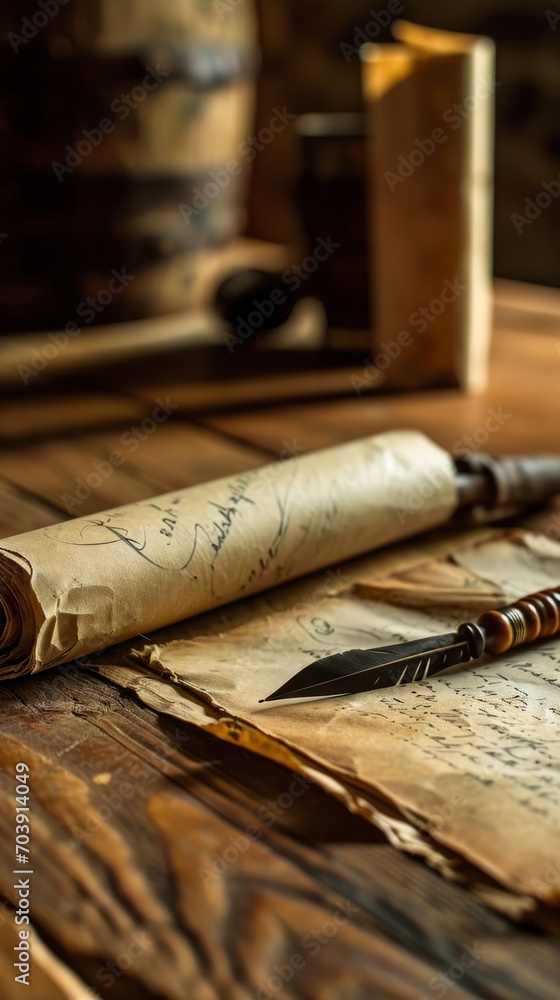 Wooden table rests an antique quill alongside a rolled parchment