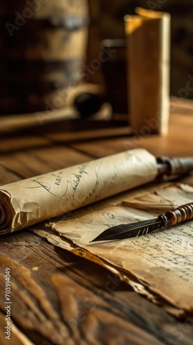 Wooden table rests an antique quill alongside a rolled parchment