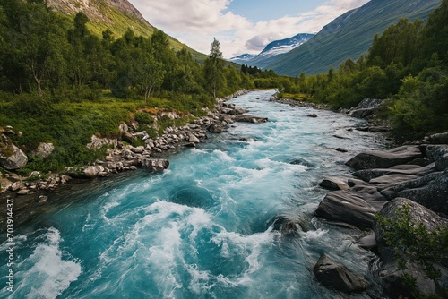 Drone high-angle photo of the turquoise-colored mountain river flowing in the pine woodland with a view of the mountain peaks in the background in Innlandet County, Norway  photo