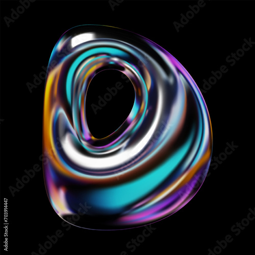 Holographic glossy 3D letter D, Y2K retro futuristic style with metallic reflection. Balloon bubble effect, volumetric render, isolated vector illustration
