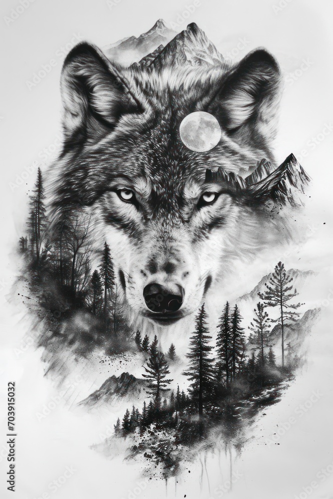 Obraz premium Silent Howls, Majestic Wolf Bathed in Moonlight Illuminated by the Enigmatic Glow of a Full Moon