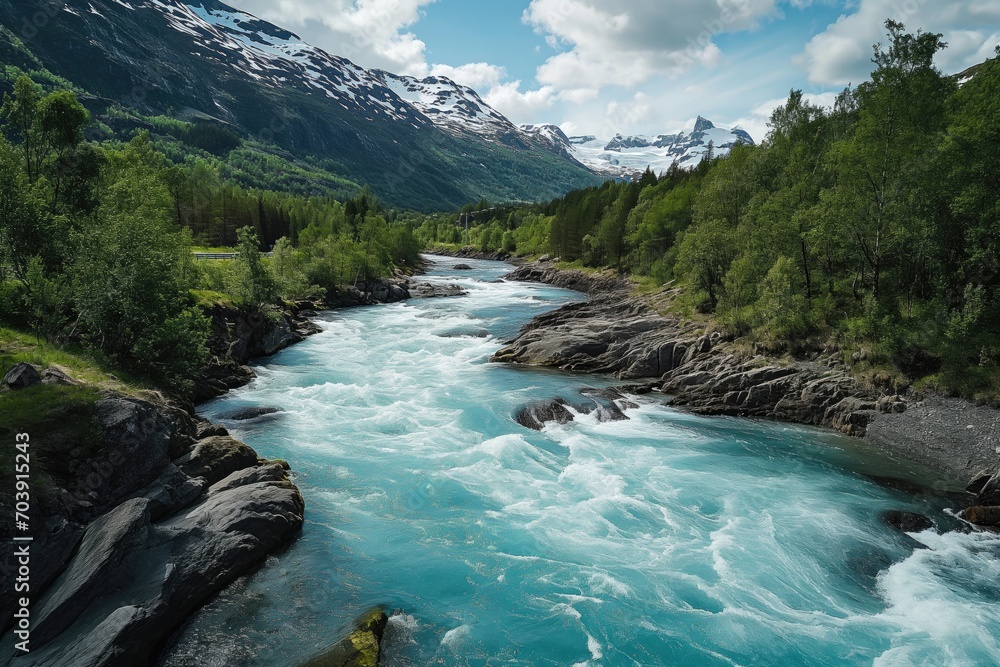 Drone high-angle photo of the turquoise-colored mountain river flowing in the pine woodland with a view of the mountain peaks in the background in Innlandet County, Norway Drone high-angle photo of the turquoise-colored mountain river flowing in the pine woodland with a view of the mountain peaks in the background in Innlandet County, Norway