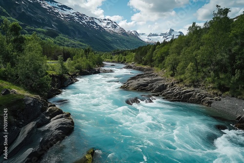 Drone high-angle photo of the turquoise-colored mountain river flowing in the pine woodland with a view of the mountain peaks in the background in Innlandet County, Norway  photo