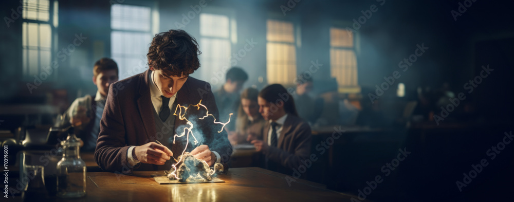 Illustration of a student doing experiments with electricity and plasma arcs against a background of tense atmosphere and his fellow students behind him. Science Education. Innovative teaching methods - obrazy, fototapety, plakaty 