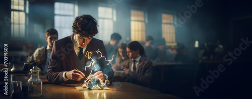 Illustration of a student doing experiments with electricity and plasma arcs against a background of tense atmosphere and his fellow students behind him. Science Education. Innovative teaching methods photo