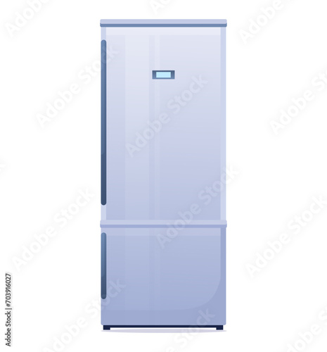 Cartoon fridge vector illustration. Flat style closed refrigerator isolated on white background. Front View of modern blue two-compartment refrigerator with freezer. 
