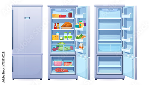 Cartoon fridge vector set. Flat style illustration with open and closed refrigerator with full and empty shelves. Front View of blue freezer with healthy food chicken, meat, fruits, milk, vegetables.