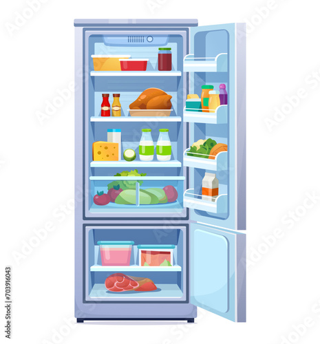 Cartoon fridge vector illustration. Flat style open refrigerator with shelves full of healthy food. Front View of modern blue two-compartment refrigerator with freezer isolated on white background.