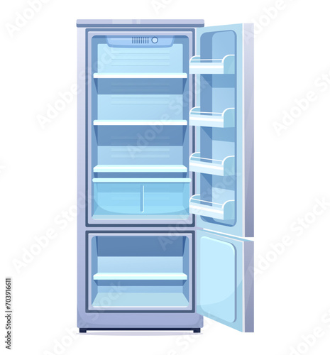 Cartoon fridge vector illustration. Flat style open refrigerator with empty shelves. Front View of modern blue two-compartment refrigerator with freezer isolated on white background.