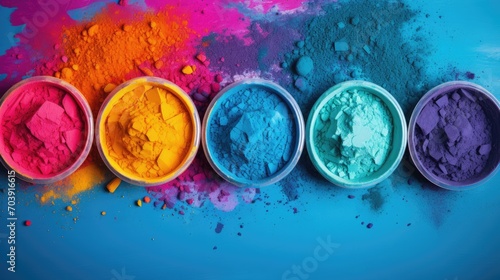 Happy Holi decoration, the indian festival. Top view of colorful holi powder