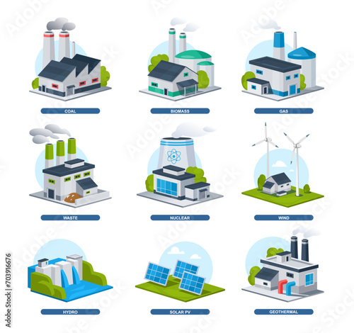 Alternative energy sources vector illustration. Flat style energy generation source types coal, biomass, gas, waste, nuclear, wind, hydro, solar, geothermal stations. Renewable energy icon set.