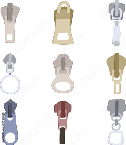 zipper puller set cartoon. pocket pant, cord sketch, cad metal zipper puller sign. isolated symbol vector illustration